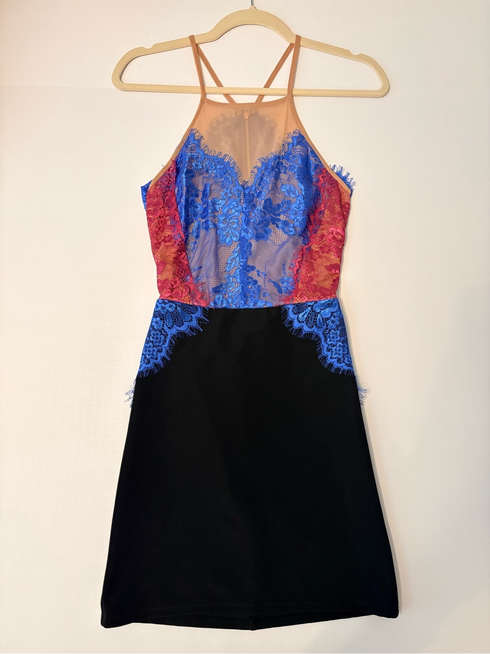 Kacey Montoya’s Closet | Topshop Blue & Red Lace Halter Mini Dress